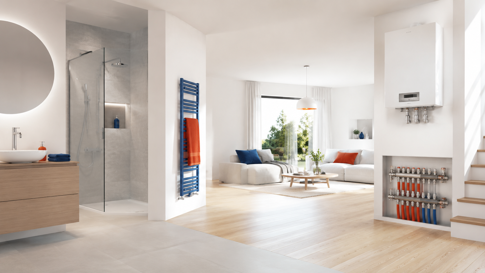 Intérieur lumineux avec salle de bain et espace de vie
