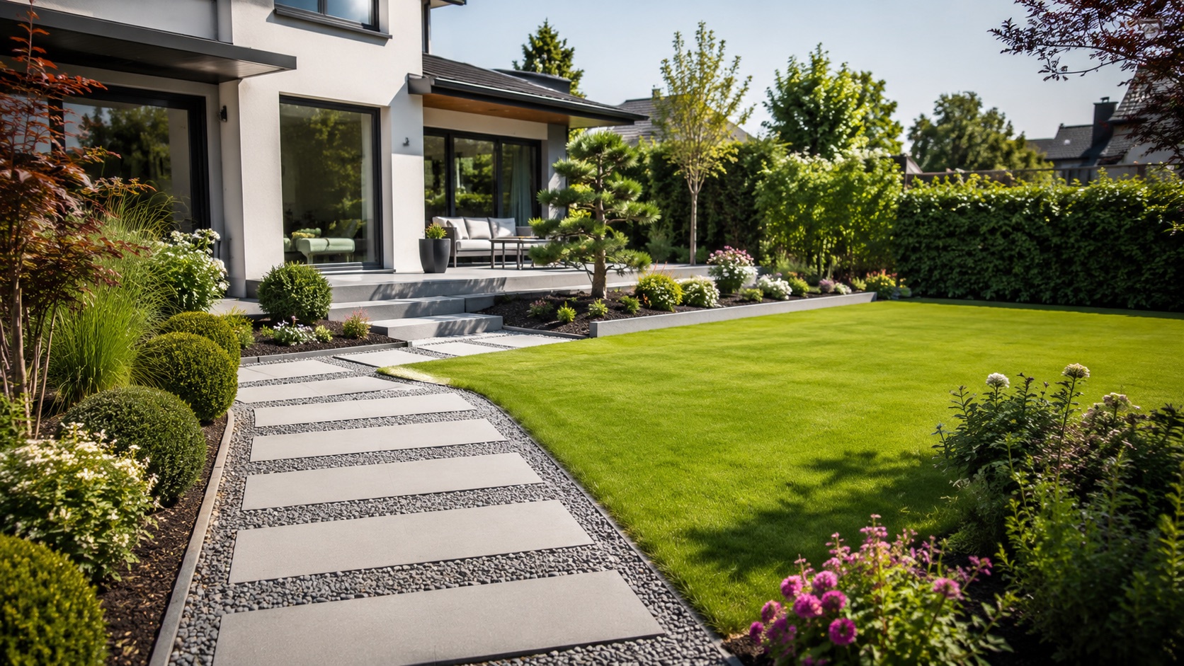 Jardin entretenu avec pelouse, haies taillées et allée extérieure devant une maison